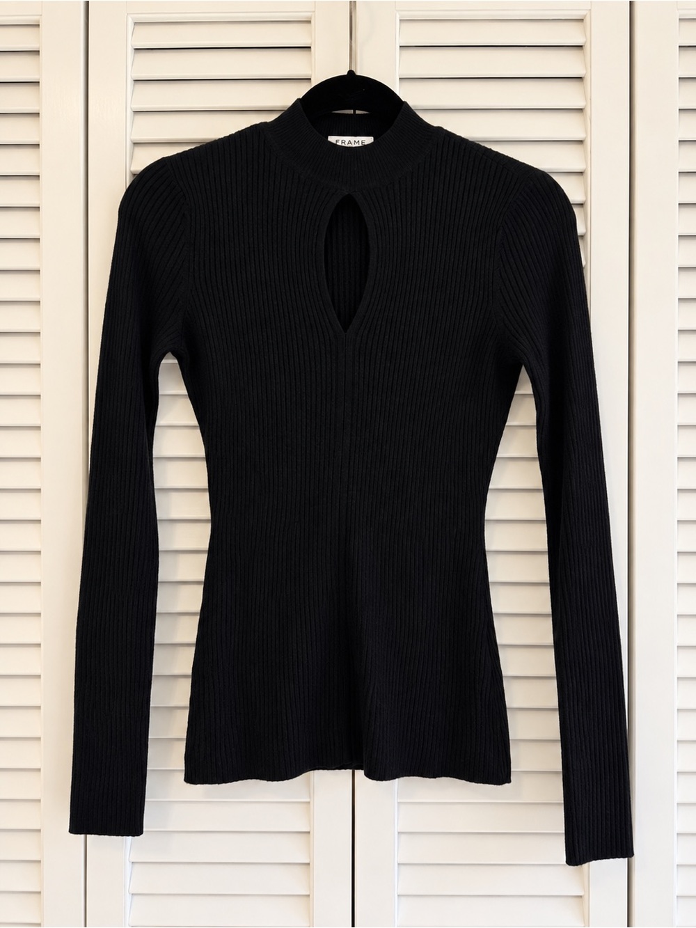 FRAME Black Ribbed Wool Cutout Mock Neck Sweater XS